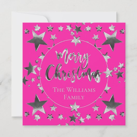 Moderne Hot Pink Silver Script Star Merry Kerstry (Voorkant)