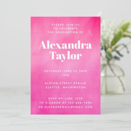 Moderne Hot Pink Waterverf Trendy Chic Afstuderen Kaart (Staand voorkant)