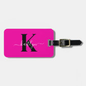 Moderne Hot Pink Zwarte Script Monogram Bagagelabel (Voorkant horizontaal)