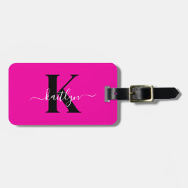 Moderne Hot Pink Zwarte Script Monogram Bagagelabel