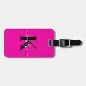 Moderne Hot Pink Zwarte Script Monogram Bagagelabel (Voorkant horizontaal)