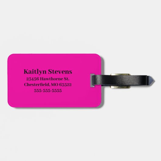 Moderne Hot Pink Zwarte Script Monogram Bagagelabel (Achterkant horizontaal)