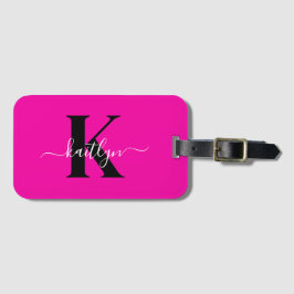 Moderne Hot Pink Zwarte Script Monogram Bagagelabel
