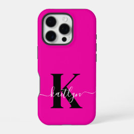 Moderne Hot Pink Zwarte Script Monogram iPhone 16 Pro Hoesje
