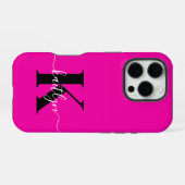 Moderne Hot Pink Zwarte Script Monogram iPhone Hoesje (Achterkant horizontaal)