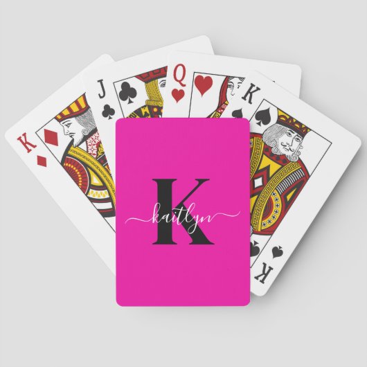 Moderne Hot Pink Zwarte Script Monogram Pokerkaarten (Achterkant)