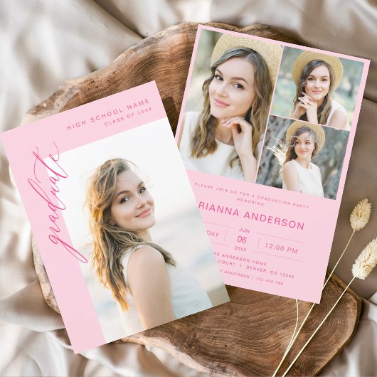 Moderne Hot Roze Foto Afstudeerfeest Kaart
