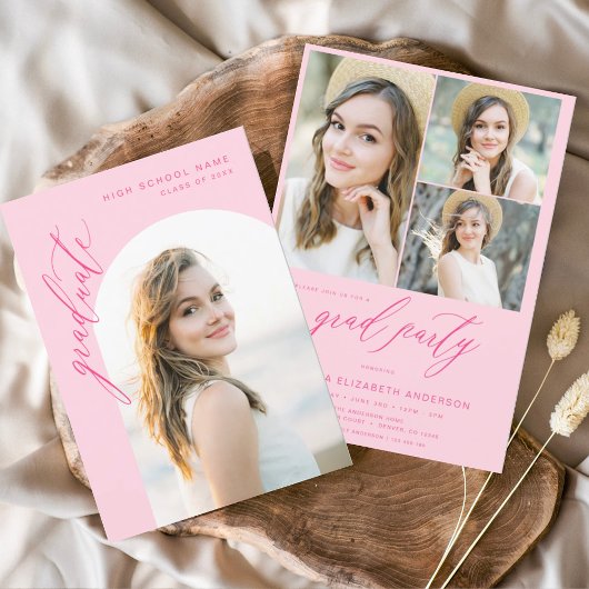 Moderne Hot Roze Foto Afstudeerfeest Kaart