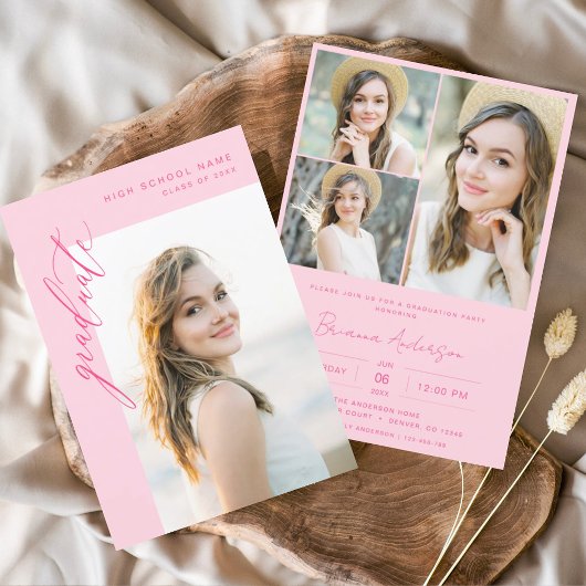 Moderne Hot Roze Foto Afstudeerfeest Kaart