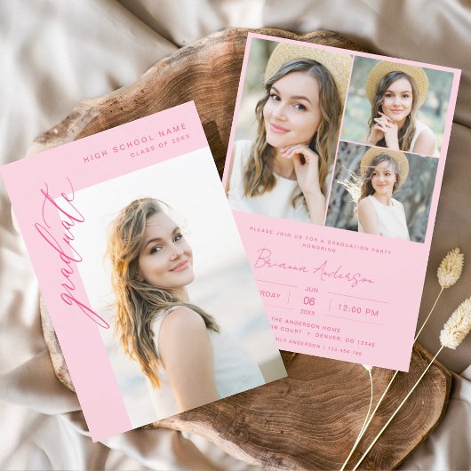 Moderne Hot Roze Foto Afstudeerfeest Kaart