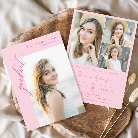 Moderne Hot Roze Foto Afstudeerfeest Kaart