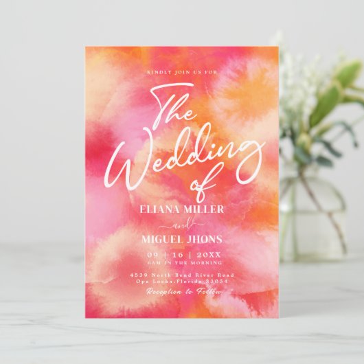 Moderne hotroze en Oranje waterverf bruiloft Kaart (Staand voorkant)