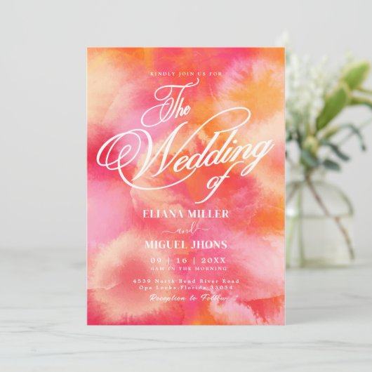Moderne hotroze en Oranje waterverf Wedding Invi Kaart (Staand voorkant)