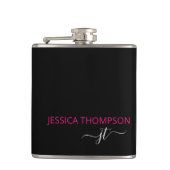 Moderne hotroze zwarte eenvoudige scriptmonogram n heupfles (Voorkant)