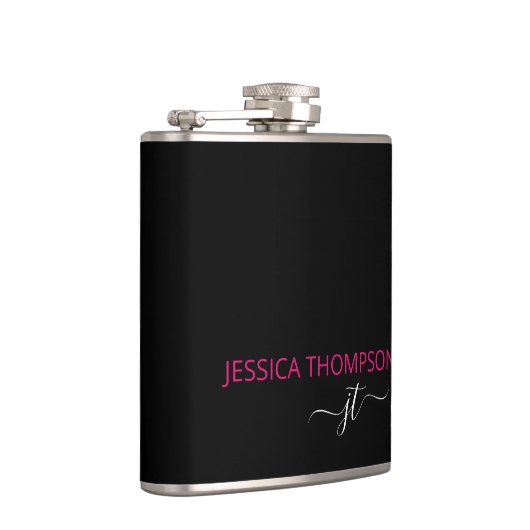 Moderne hotroze zwarte eenvoudige scriptmonogram n heupfles (Rechts)