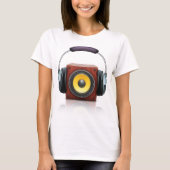 Moderne houten luidspreker met hoofdtelefoon muzie t-shirt (Voorkant)