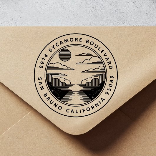 Moderne houten retouradresstempel met landschap rubberstempel
