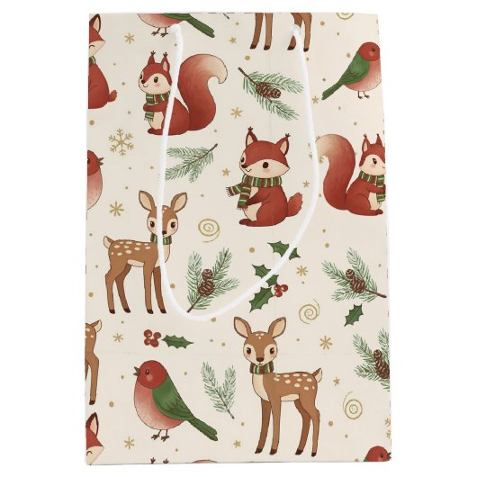 Moderne houtland bosdier kerstcadeautas medium cadeauzakje (Voorkant)