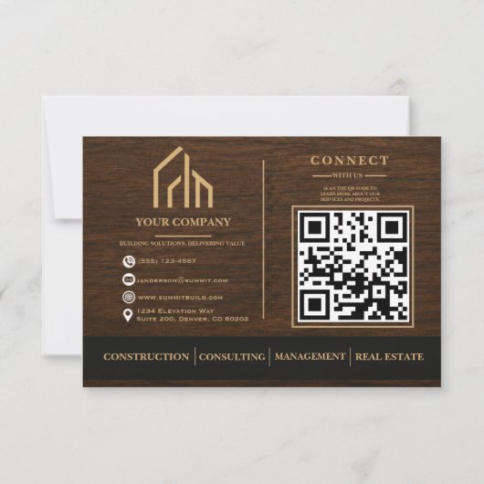 Moderne houtnerf QR-code constructie Bedankkaart (Achterkant)