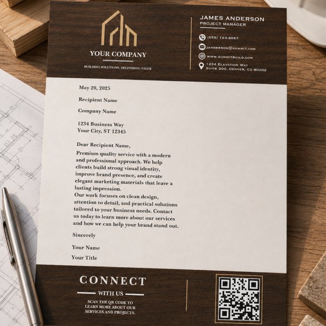 Moderne houtnerf QR-code constructie Briefhoofd (Modern Wood Grain QR Code Construction Letterhead
)