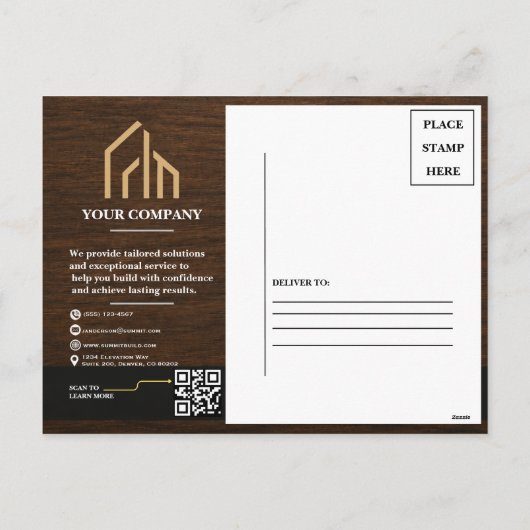 Moderne Houtnerf QR-code Constructie Feestdagenkaart (Achterkant)