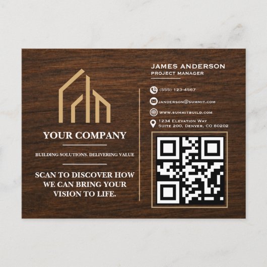 Moderne Houtnerf QR-code Constructie Feestdagenkaart (Voorkant)