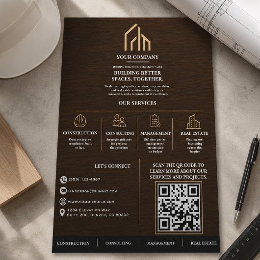 Moderne Houtnerf QR-code Constructie Flyer