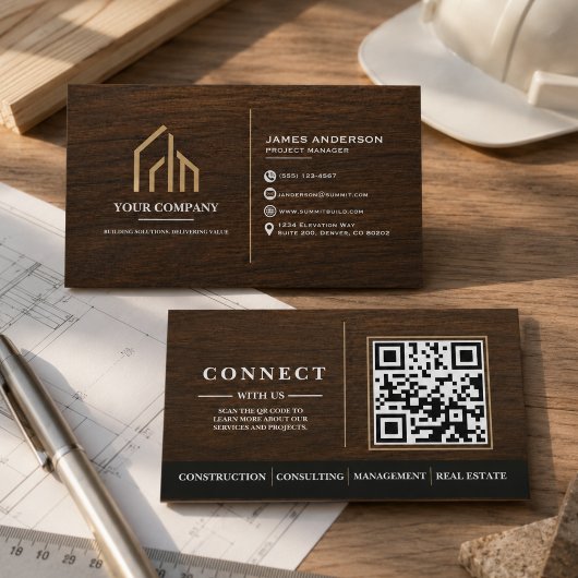 Moderne Houtnerf QR-code Constructie Visitekaartje