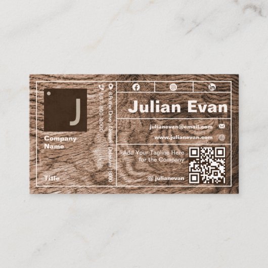 Moderne houtnerf vet typografie Monogram QR-code Visitekaartje (Voorkant)