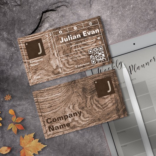 Moderne houtnerf vet typografie Monogram QR-code Visitekaartje