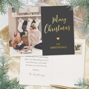 Moderne Houtskool Goud Schrift Foto Kerstmis Folie Feestdagen Briefkaart
