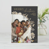 Moderne houtskool gouden bloemboog foto Kerstmis Feestdagenkaart (Staand voorkant)