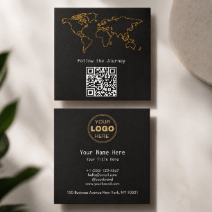 Moderne Houtskool Gouden Wereldkaart QR Digitale N Vierkante Visitekaartje