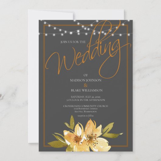 Moderne Houtskool Grijs, Geel en Koperhuwelijk Kaart (Voorkant)