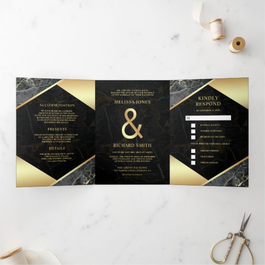 Moderne Houtskool Grijs Goud Marmer Ampersand Brui Drieluik Uitnodiging (Binnen)