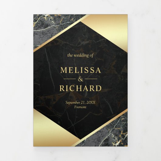 Moderne Houtskool Grijs Goud Marmer Ampersand Brui Drieluik Uitnodiging (Cover)