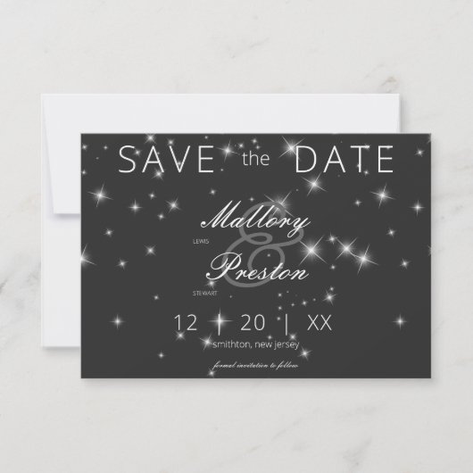Moderne houtskool Zwart Winter Sparkle Bruiloft Save The Date (Voorkant)