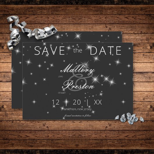Moderne houtskool Zwart Winter Sparkle Bruiloft Save The Date