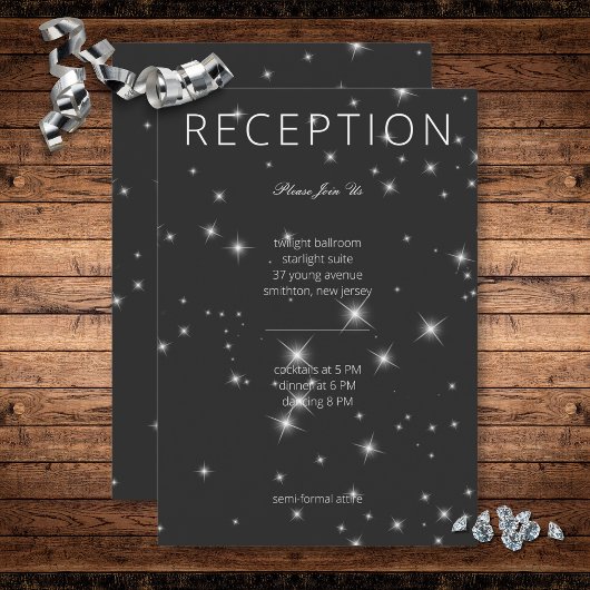 Moderne houtskool zwart winter sparkle receptie informatiekaartje