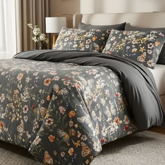 Moderne houtskoolgrijze boho-wilde bloemen kussensloop