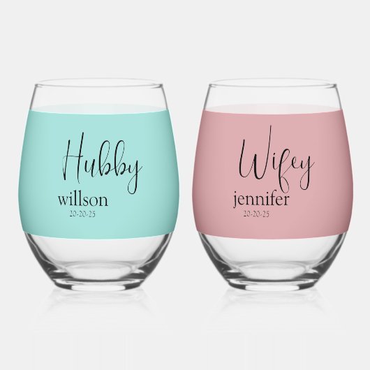 Moderne Hubby en Wifey in Verbluffende Stemless Wijnglas Zonder Voet (Achterkant)