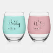 Moderne Hubby en Wifey in Verbluffende Stemless Wijnglas Zonder Voet (Voorkant)