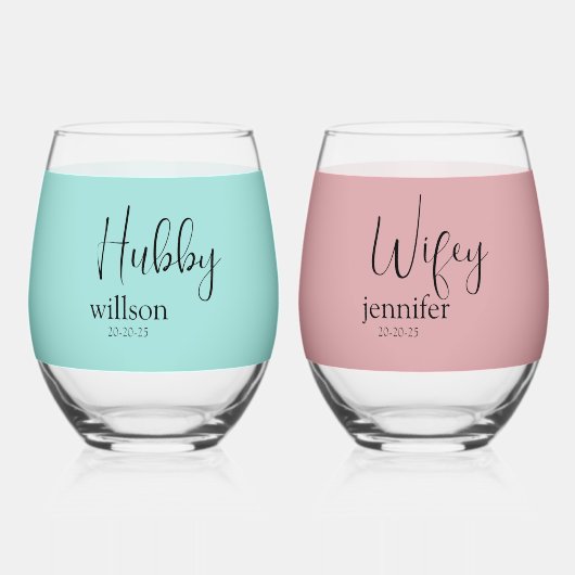 Moderne Hubby en Wifey in Verbluffende Stemless Wijnglas Zonder Voet (Voorkant)