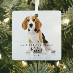 Moderne huisdier script naam eerste kerst 2 foto metalen ornament