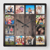 Moderne huisfamilie Rustic Foto Collage Vierkante Klok (Voorkant)