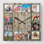 Moderne huisfamilie Rustic Foto Collage Vierkante Klok (Voorkant)