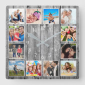 Moderne huisfamilie Rustic Foto Collage Vierkante Klok (Voorkant)