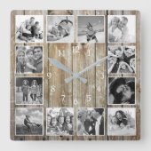 Moderne huisfamilie Rustic Foto Collage Vierkante Klok (Voorkant)