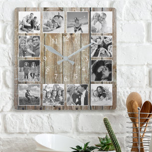 Moderne huisfamilie Rustic Foto Collage Vierkante Klok