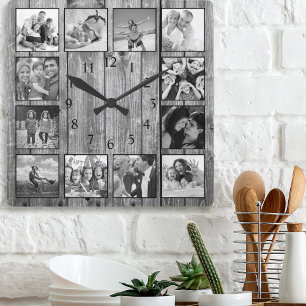 Moderne huisfamilie Rustic Foto Collage Vierkante Klok
